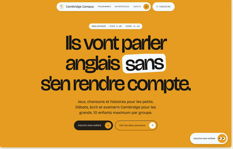 Page du programme enfants avec message éditorial et appels à l’action