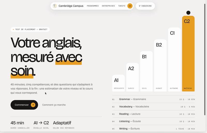 Interface du test de niveau adaptatif de A1 à C2