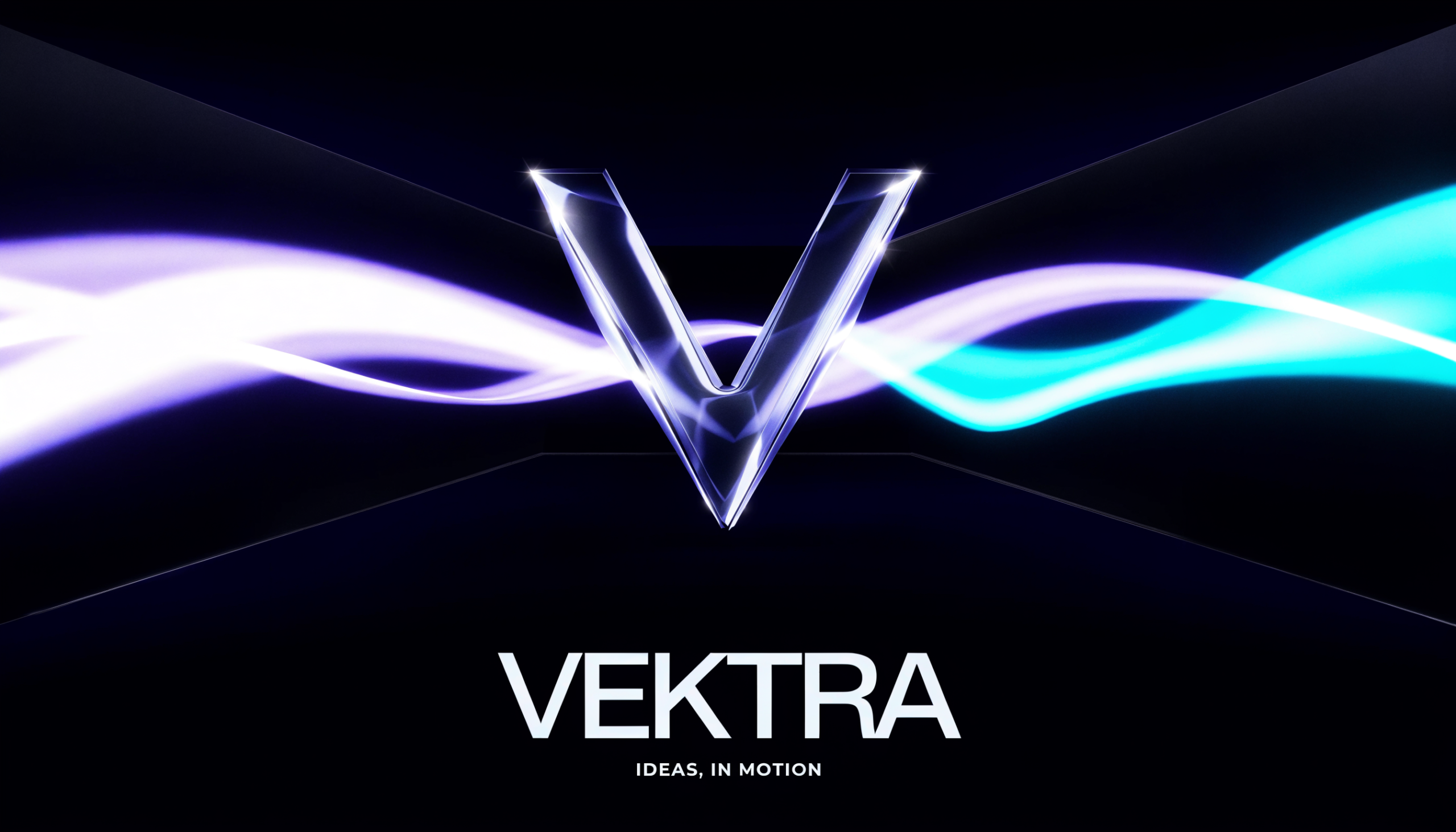 Identité futuriste VEKTRA, symbole V chromé dans un espace noir