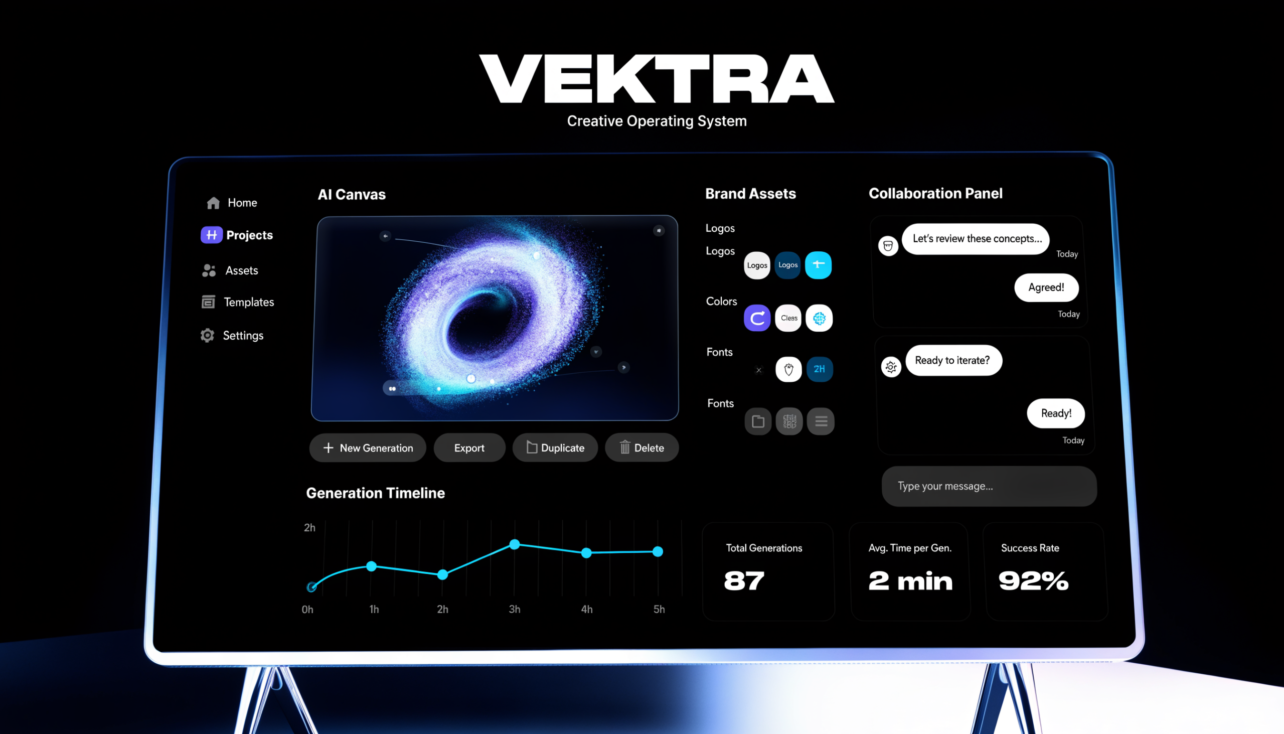 Interface sombre du système créatif VEKTRA