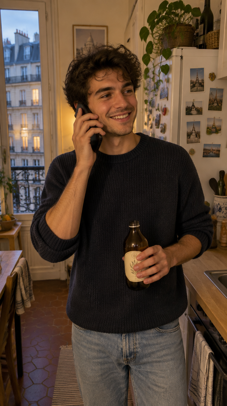Un jeune homme au téléphone dans sa cuisine, une bouteille ODDA à la main
