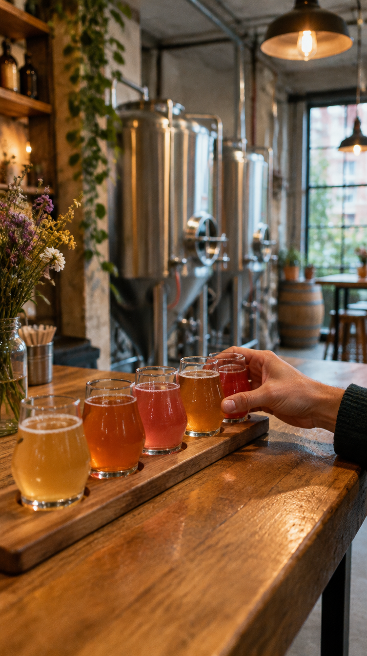 Des verres de kombucha alignés sur le comptoir d'une brasserie