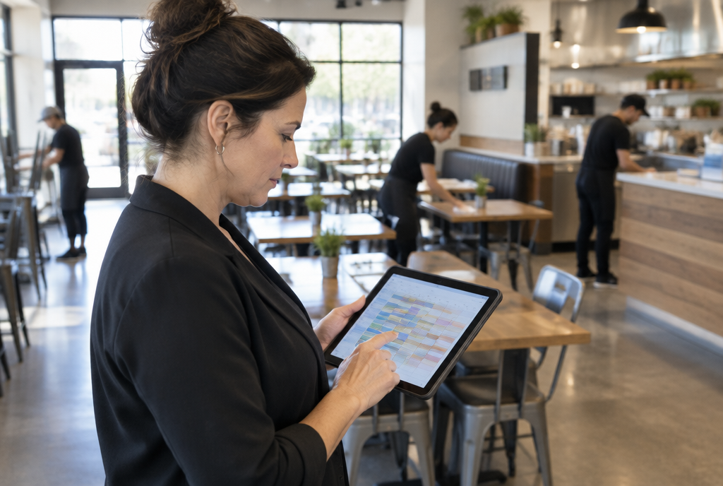 Une responsable des opérations consulte un planning sur tablette dans un restaurant