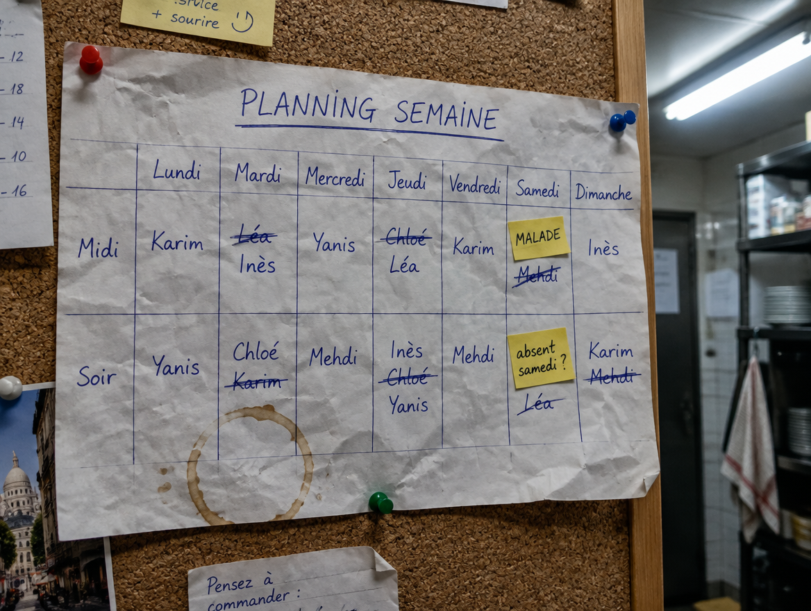 Un planning papier raturé punaisé dans l'arrière-boutique d'un restaurant